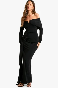 Maxi Dresses*boohoo Trim Detail Slinky Bardot Drape Maxi Dress black