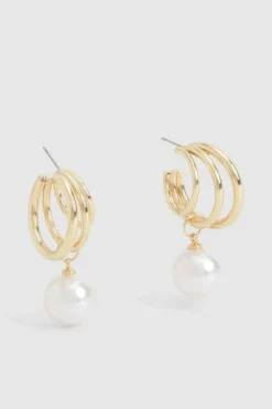 Earrings*boohoo Triple Hoop Pearl Drop Earrings gold