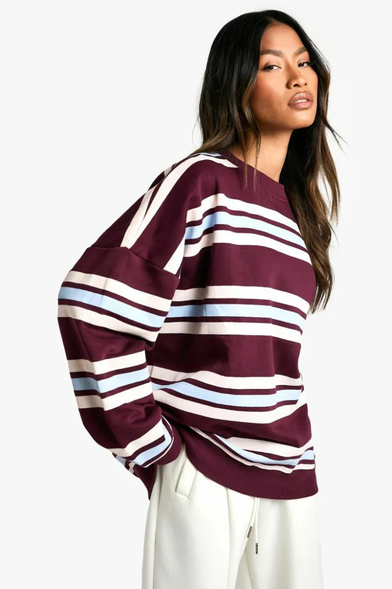 Sweatshirts|Dsgn Studio*boohoo Triple Striped Oversized Sweatshirt burgundy