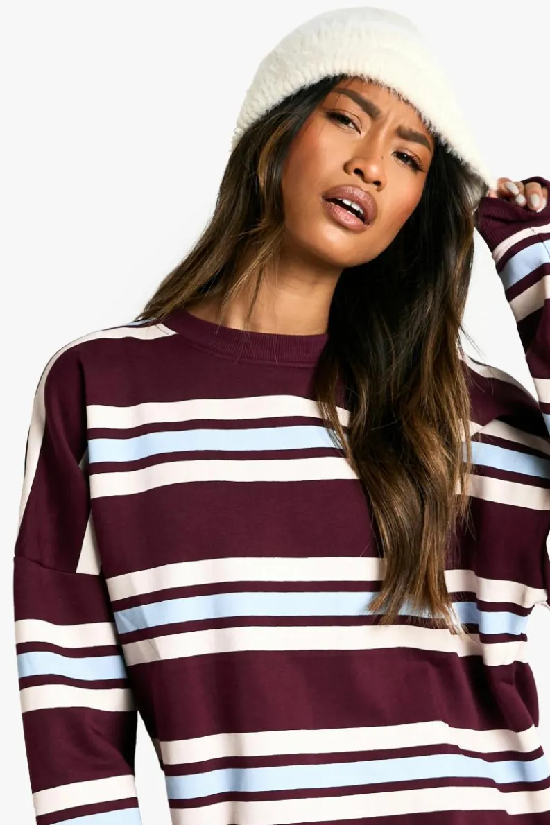 Sweatshirts|Dsgn Studio*boohoo Triple Striped Oversized Sweatshirt burgundy