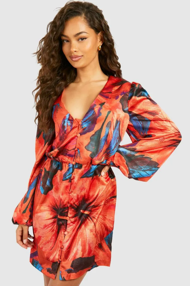 Shirt Dresses*boohoo Tropical Print Blouson Sleeve Mini Dress orange
