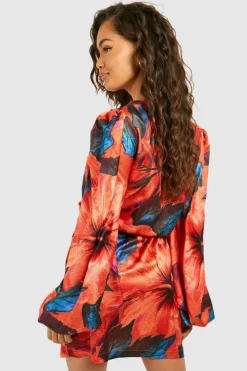 Shirt Dresses*boohoo Tropical Print Blouson Sleeve Mini Dress orange