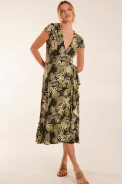 Wrap Dresses|Midi Dresses*Blue Vanilla Tropical Print Wrap Front Midi Dress Black