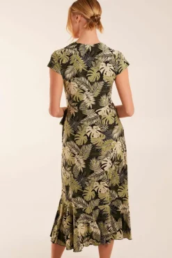Wrap Dresses|Midi Dresses*Blue Vanilla Tropical Print Wrap Front Midi Dress Black