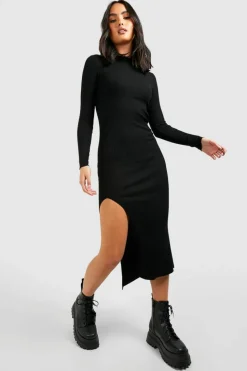 Jumper Dresses|Jumper Dresses*boohoo Turtle Neck Rib Knit Midi Dress black