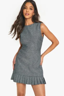 Mini Dresses|Suits & Tailoring*boohoo Tweed Tailored Pleated Hem Mini Dress charcoal