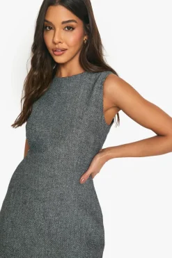Mini Dresses|Suits & Tailoring*boohoo Tweed Tailored Pleated Hem Mini Dress charcoal