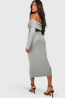 Bodycon Dresses*boohoo Twist Detail Bardot Soft Rib Midaxi Dress grey