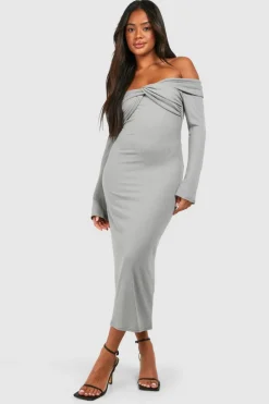 Bodycon Dresses*boohoo Twist Detail Bardot Soft Rib Midaxi Dress grey
