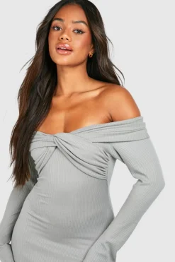 Bodycon Dresses*boohoo Twist Detail Bardot Soft Rib Midaxi Dress grey