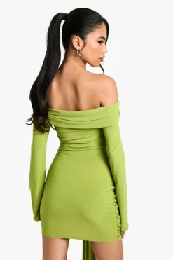 Bodycon Dresses*boohoo Twist Detail Off Shoulder Flare Long Sleeve Mini Dress green