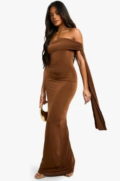 Bodycon Dresses|Maxi Dresses*boohoo Twist Detail Off Shoulder Drape Maxi Dress bronze