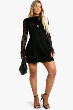 Skater Dresses|Mini Dresses*boohoo Twist trim detail lace skater dress black