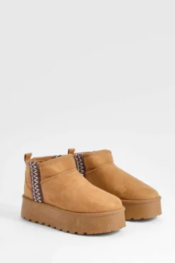 Cosy Boots|All Boots*boohoo Ultra Mini Embroidered Platform Cosy Boots chestnut