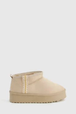 Cosy Boots*boohoo Ultra Mini Embroidered Platform Cosy Boots beige