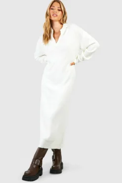 Midi Dresses|Jumper Dresses*boohoo V Neck Collared Knitted Midi Dress ecru
