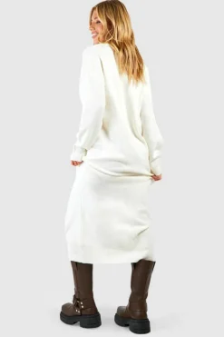 Midi Dresses|Jumper Dresses*boohoo V Neck Collared Knitted Midi Dress ecru