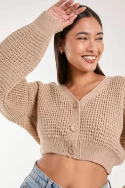 Cardigans*Pink Vanilla V Neck Cropped Knitted Cardigan Stone