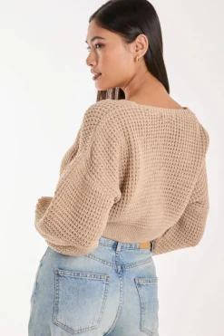Cardigans*Pink Vanilla V Neck Cropped Knitted Cardigan Stone