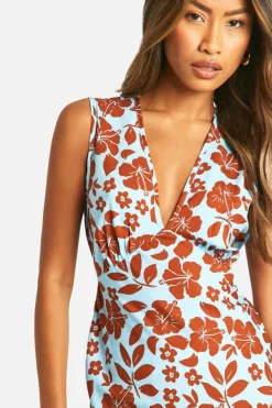 Cami Dresses*boohoo V Neck Floral Maxi Slip Dress blue