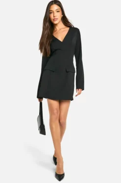 Mini Dresses|Long Sleeve Dresses*boohoo V Neck Long Sleeve Tailored Mini Dress black