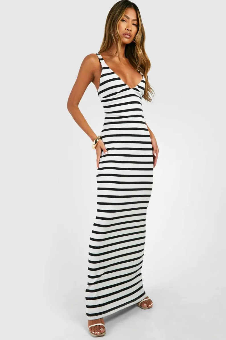 Bodycon Dresses|Maxi Dresses*boohoo V Neck Plunge Stripe Maxi Dress black