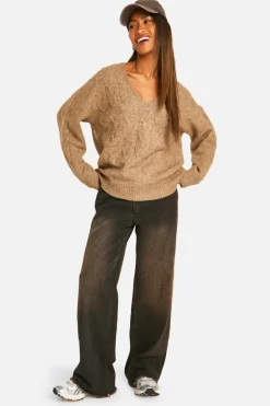 Oversized Jumpers*boohoo V Neck Soft Knit Cable Jumper camel