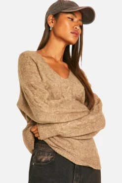 Oversized Jumpers*boohoo V Neck Soft Knit Cable Jumper camel