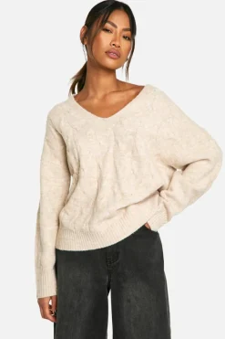 Oversized Jumpers*boohoo V Neck Soft Knit Cable Jumper ecru marl