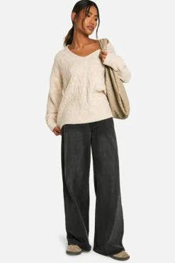 Oversized Jumpers*boohoo V Neck Soft Knit Cable Jumper ecru marl