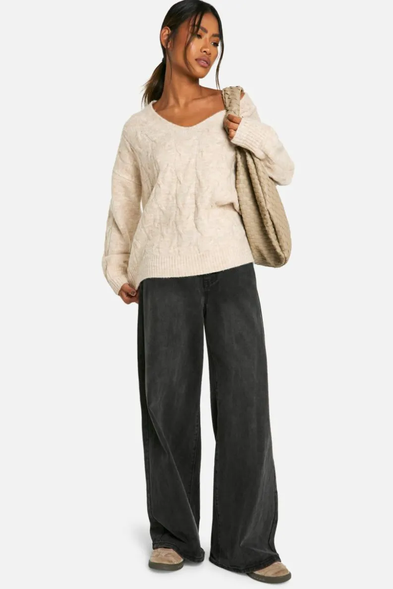Oversized Jumpers*boohoo V Neck Soft Knit Cable Jumper ecru marl