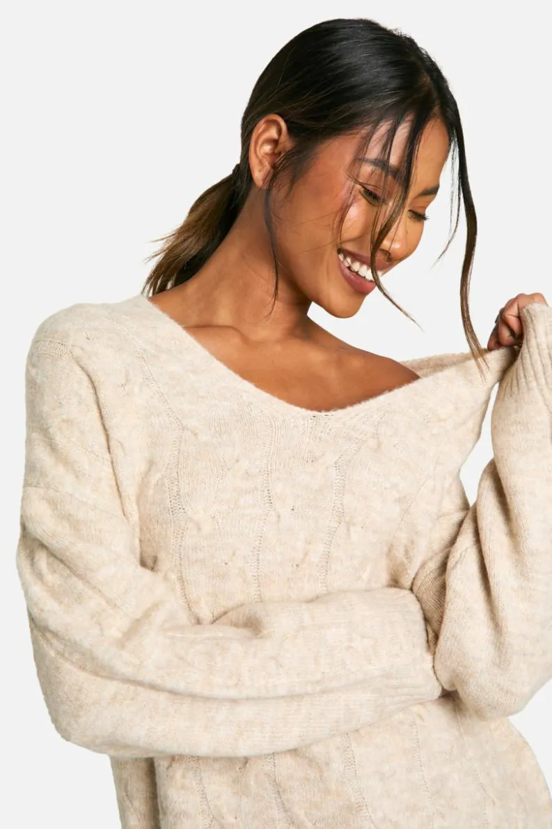 Oversized Jumpers*boohoo V Neck Soft Knit Cable Jumper ecru marl