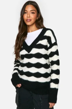 Oversized Jumpers|Jumpers*boohoo V Neck Strip Oversized Knitted Jumper mono