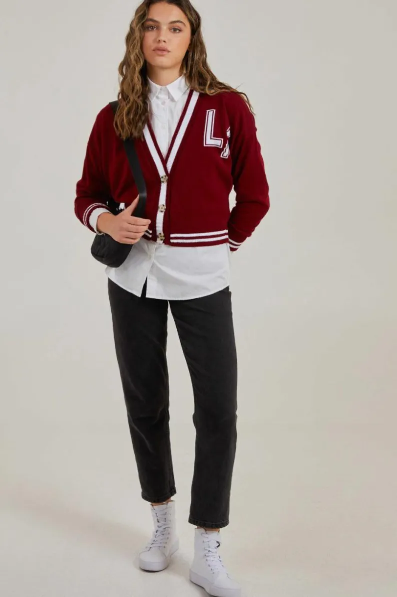 Cardigans*Pink Vanilla Varsity Knitted Cardigan Wine