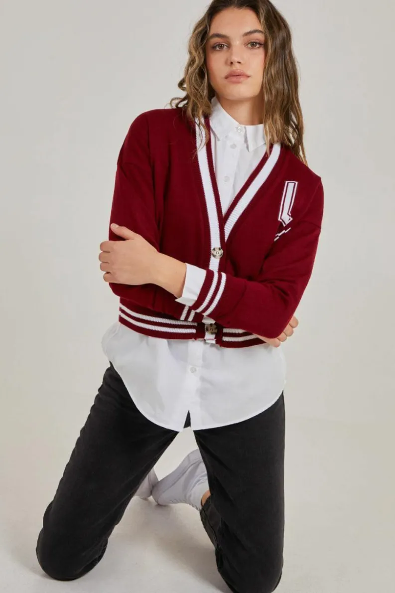Cardigans*Pink Vanilla Varsity Knitted Cardigan Wine
