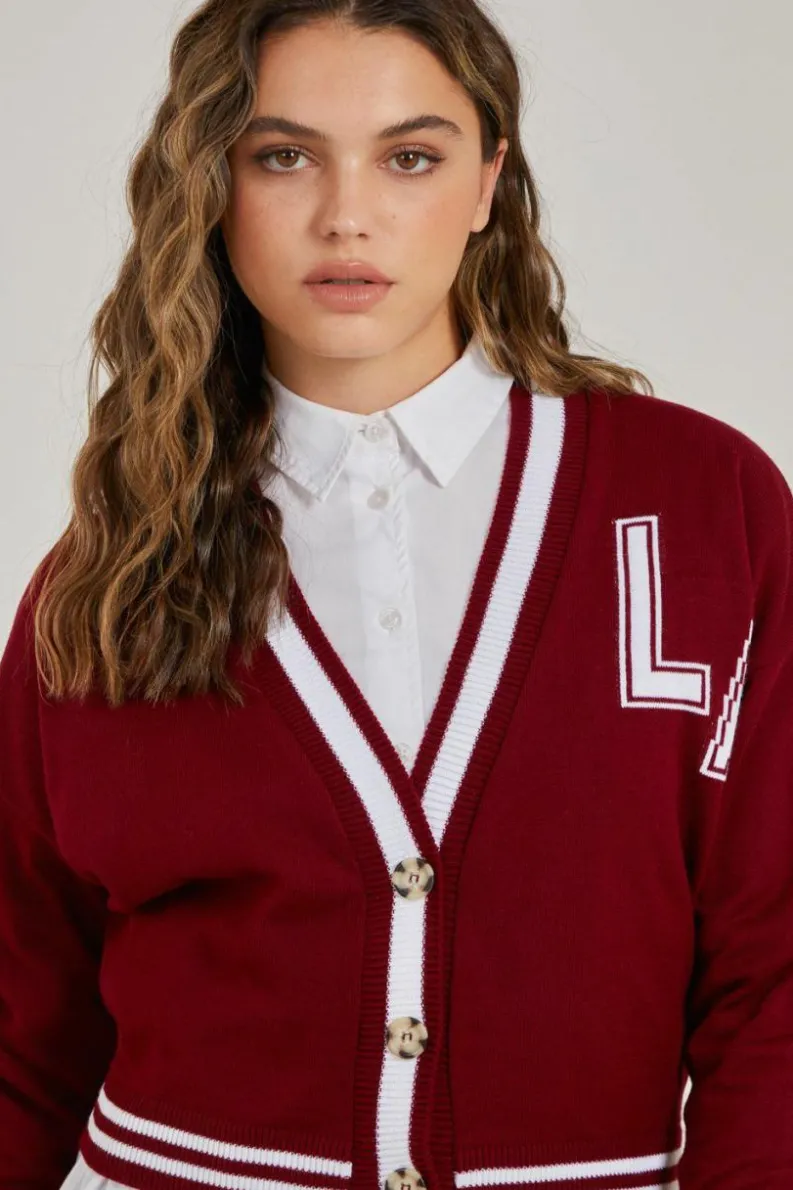 Cardigans*Pink Vanilla Varsity Knitted Cardigan Wine