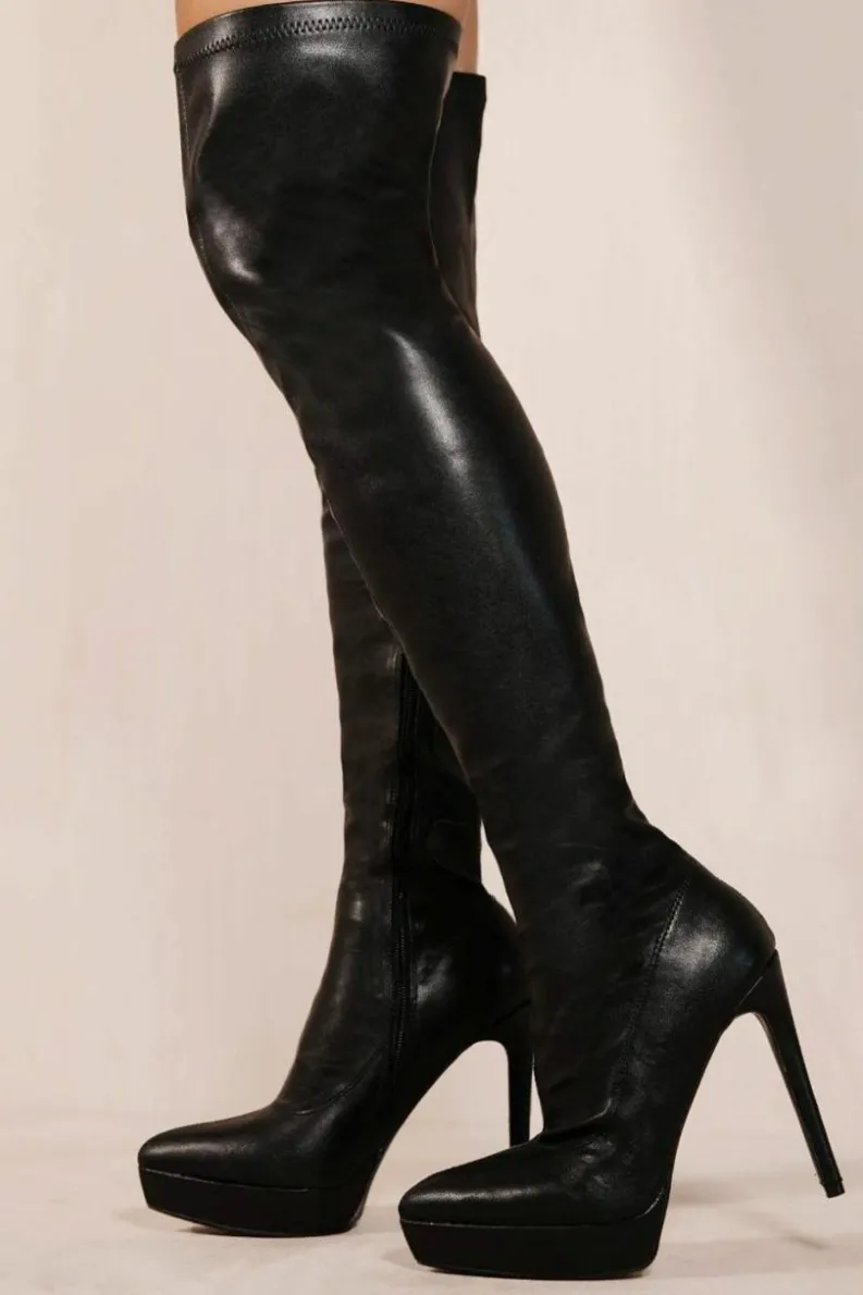 Heeled Boots*Where's That From Veena' Pointed Toe Knee High Heel Platform Boots Black