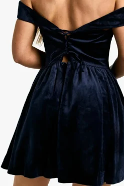 Skater Dresses*boohoo Velvet Bardot Structured Skater Dress navy