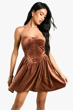 Skater Dresses*boohoo Velvet Corset Lace Up Skater Dress chocolate