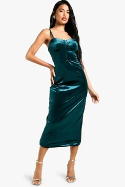 Bodycon Dresses*boohoo Velvet Corset Midaxi Dress emerald