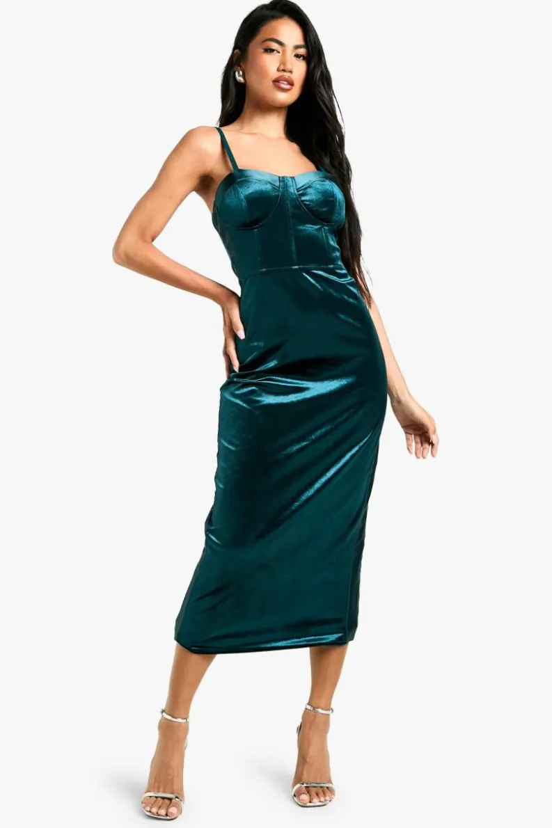 Bodycon Dresses*boohoo Velvet Corset Midaxi Dress emerald