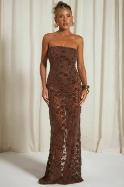 Maxi Dresses*boohoo Velvet Lace Bandeau Maxi Dress brown