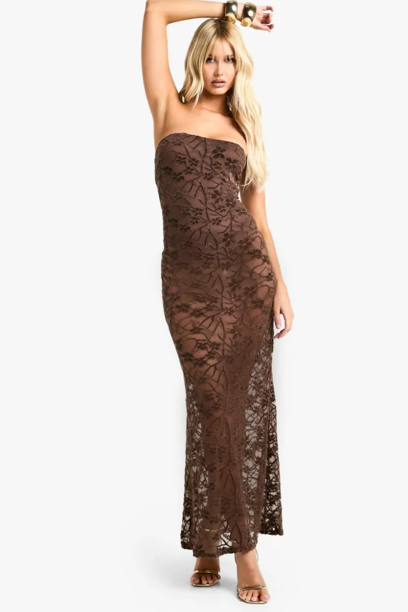 Maxi Dresses*boohoo Velvet Lace Bandeau Maxi Dress brown