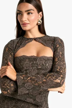 Mini Dresses|Long Sleeve Dresses*boohoo Velvet Lace Bolero Mini Dress taupe