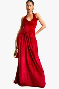 Skater Dresses*boohoo Velvet Milkmaid Scoop Neck Maxi Dress red