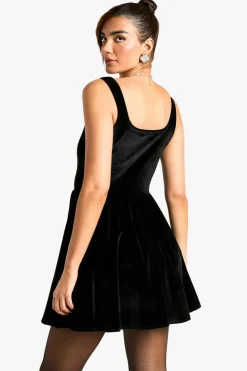 Skater Dresses|Mini Dresses*boohoo Velvet Milkmaid Square Neck Mini Dress black
