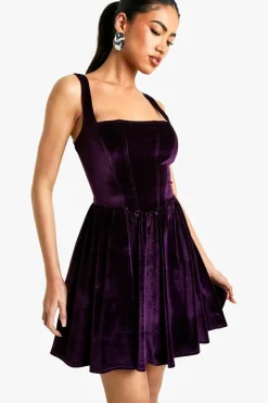 Mini Dresses|Skater Dresses*boohoo Velvet Milkmaid Square Neck Mini Dress plum