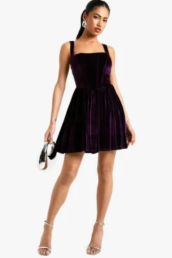 Mini Dresses|Skater Dresses*boohoo Velvet Milkmaid Square Neck Mini Dress plum