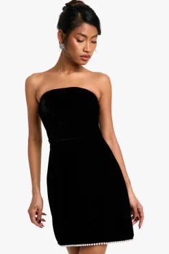 Skater Dresses*boohoo Velvet Pearl Trim Bandeau Skater Dress black