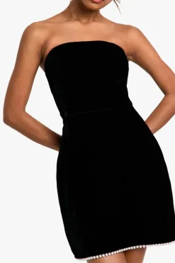 Skater Dresses*boohoo Velvet Pearl Trim Bandeau Skater Dress black